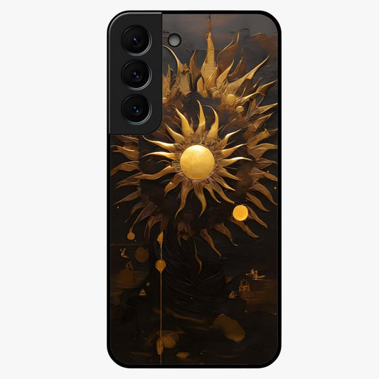 Golden Sun Majesty Glass Case showing flat back view with radiant golden sun artwork and glossy glass finish.