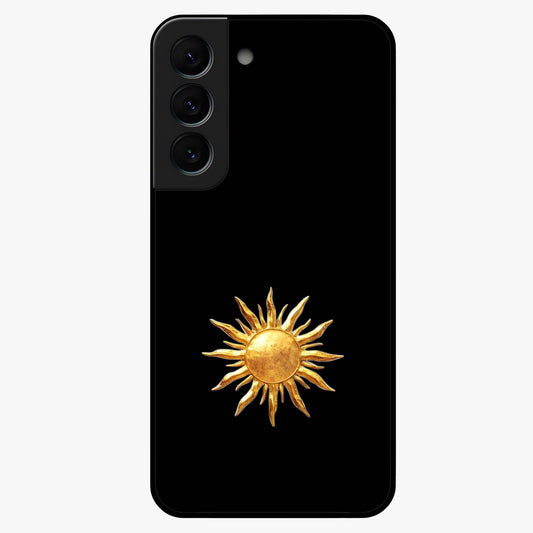 Golden Sun Minimalism Glass Case showing flat back view with minimal golden sun artwork and glossy glass finish.