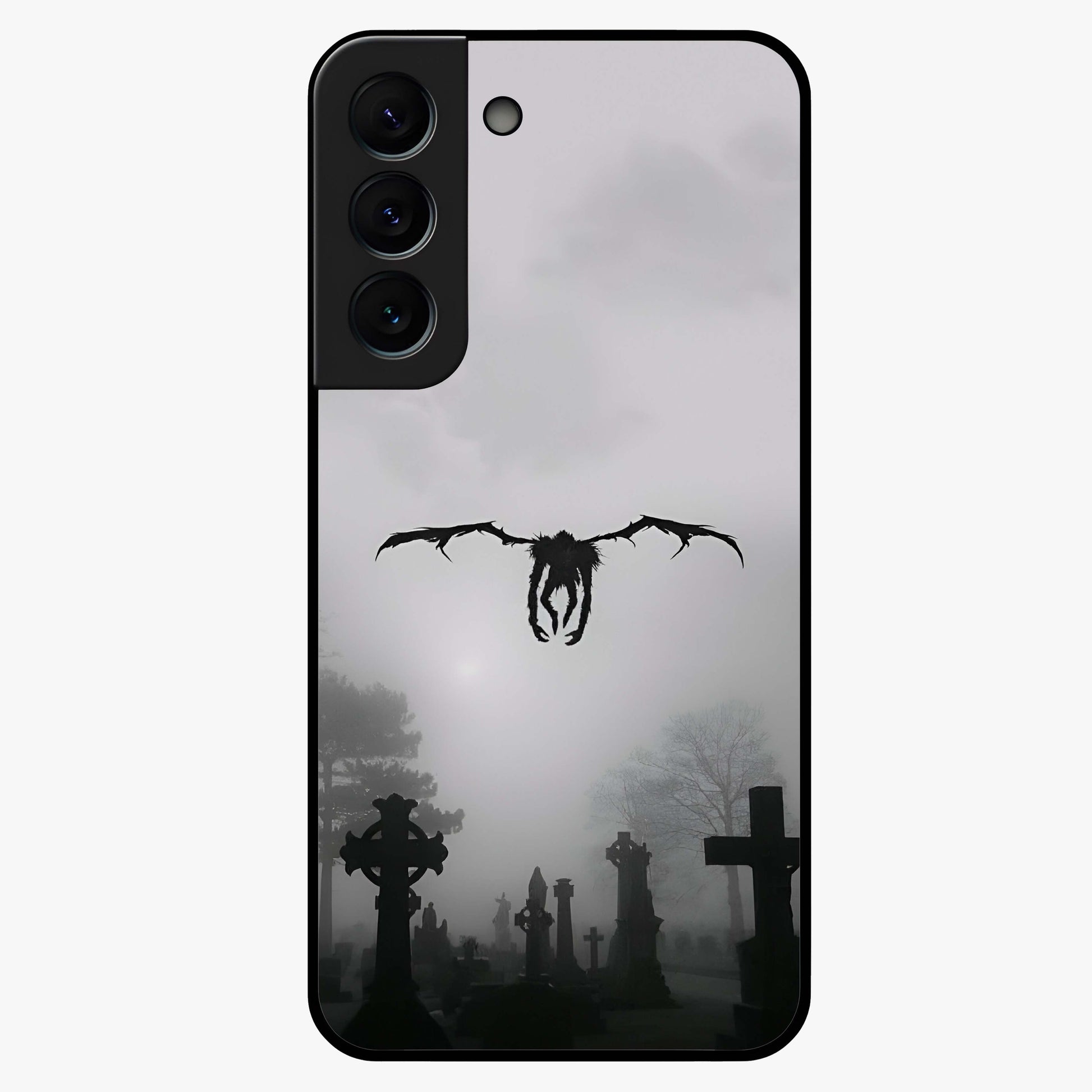 Graveyard Shadow Descent Glass Case showing flat back view with dark graveyard themed artwork and glossy glass finish.