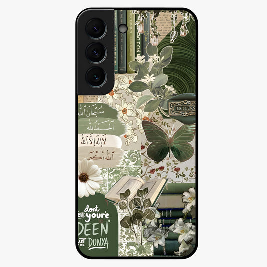 Green Islamic Books Quotes Glass Case showing flat back view with Islamic quotes and book themed artwork and glossy glass finish.