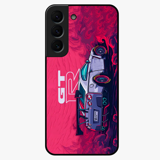 GT-R Car Pattern Glass Case showing flat back view with sporty car inspired pattern artwork and glossy glass finish.