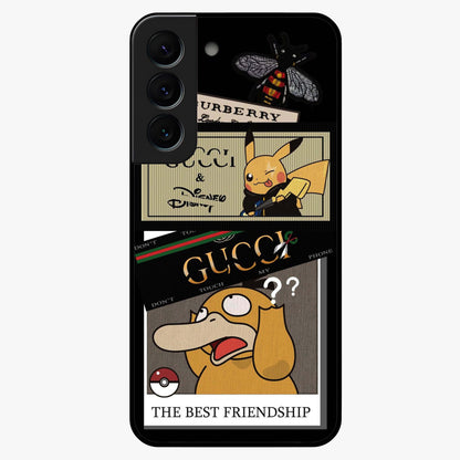 Gucci Play Mashup Glass Case showing flat back view with luxury inspired graphic artwork and glossy glass finish.