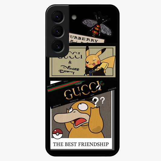 Gucci Play Mashup Glass Case showing flat back view with luxury inspired graphic artwork and glossy glass finish.