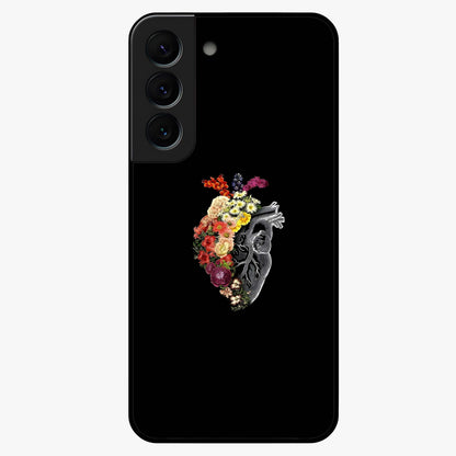 Heart With Flowers Glass Case showing flat back view with heart shaped floral artwork and glossy glass finish.