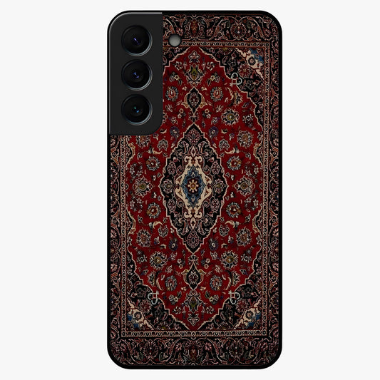Heritage Carpet Royale Glass Case showing flat back view with ornate Persian carpet inspired pattern and glossy glass finish.