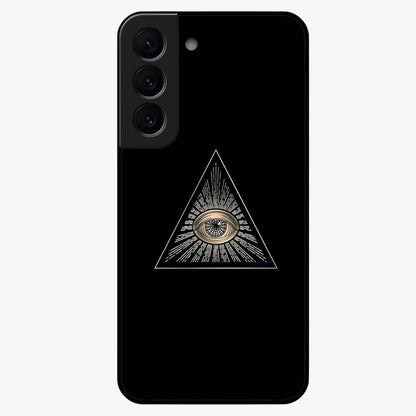 Illuminati Evil Glass Case showing flat back view with mysterious illuminati symbol artwork and glossy glass finish.
