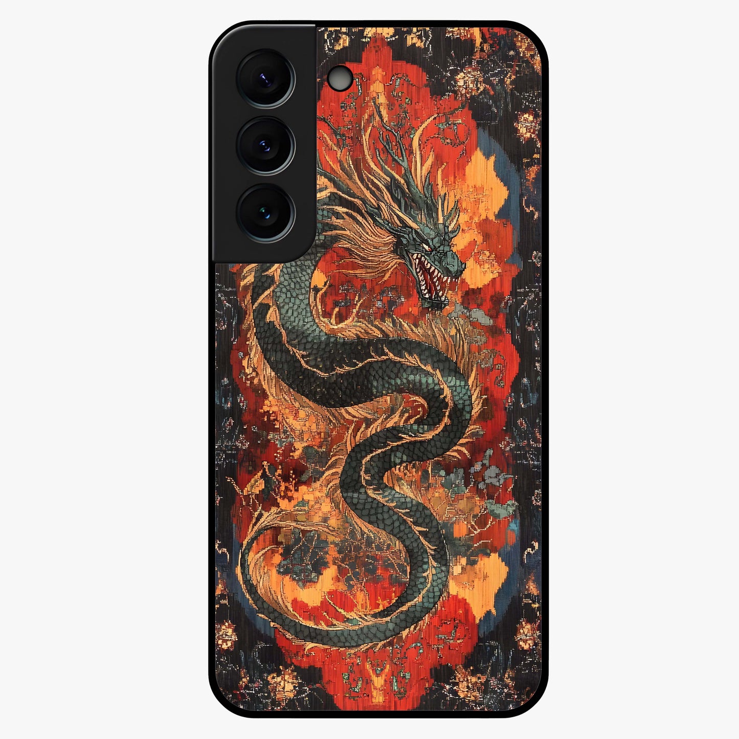 Inferno Dragon Soul Glass Case showing flat back view with fiery dragon artwork and glossy glass finish.