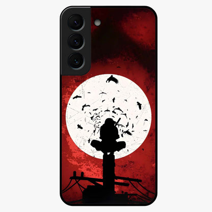 Itachi Sharingan Glass Case showing flat back view with powerful anime eye artwork and glossy glass finish.
