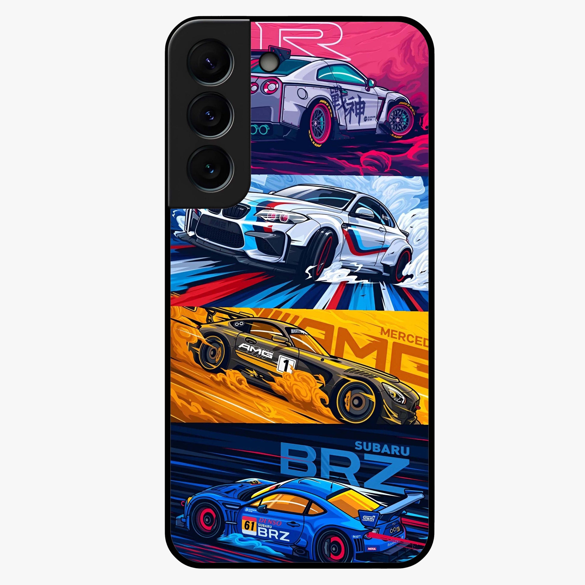 JDM Sports Car Glass Case showing flat back view with high performance sports car artwork and glossy glass finish.
