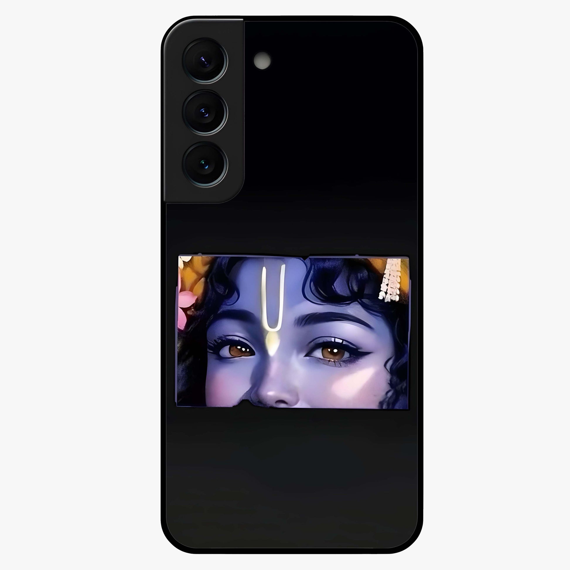 Krishna Divine Embrace Glass Case showing flat back view with Lord Krishna devotional artwork and glossy glass finish.