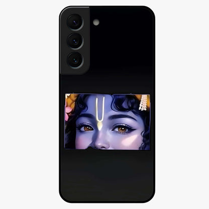 Krishna Divine Embrace Glass Case showing flat back view with Lord Krishna devotional artwork and glossy glass finish.