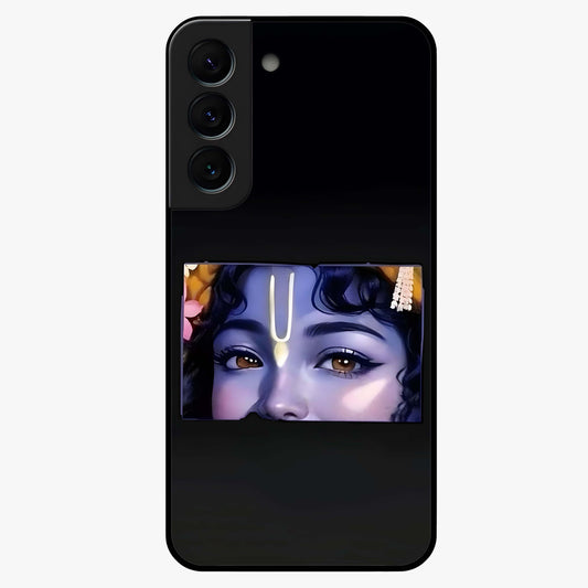 Krishna Divine Embrace Glass Case showing flat back view with Lord Krishna devotional artwork and glossy glass finish.