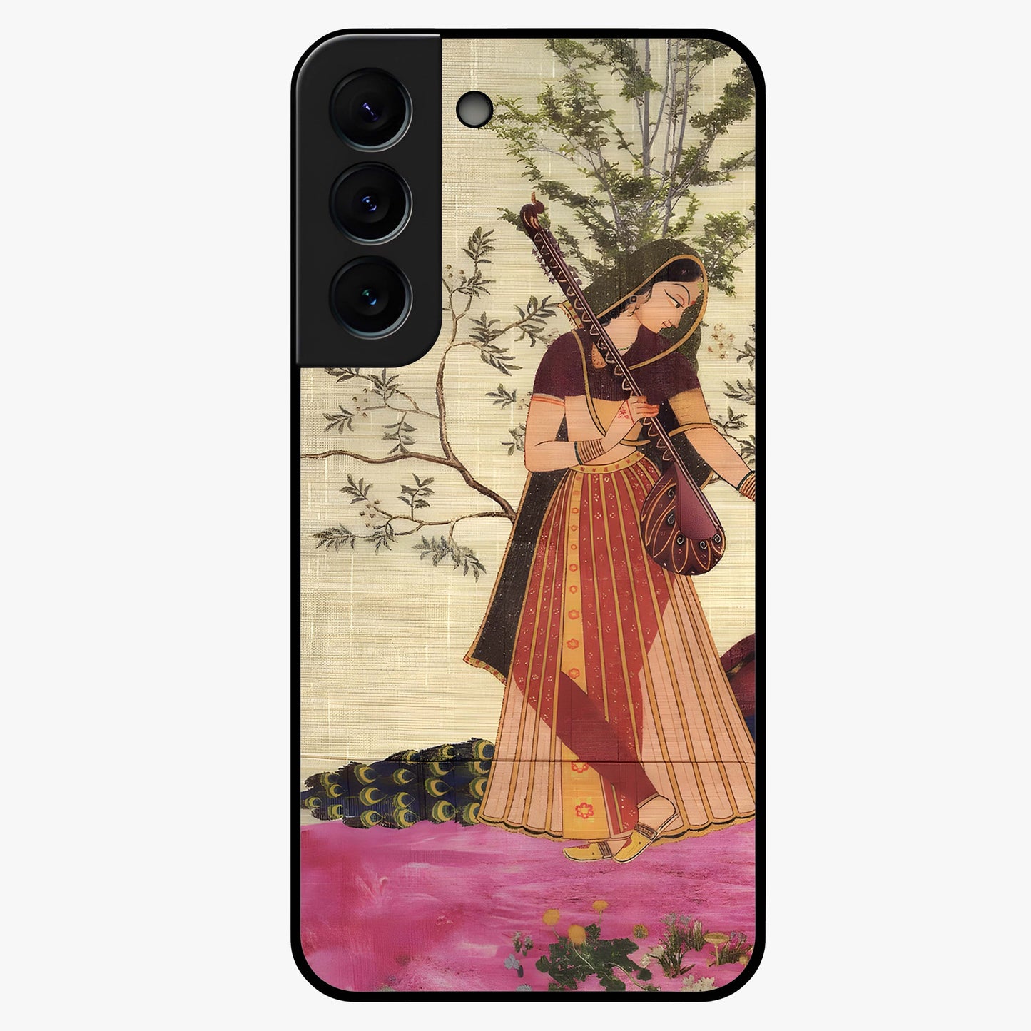 Lady With Veena Art Glass Case showing flat back view with elegant woman playing veena artwork and glossy glass finish.