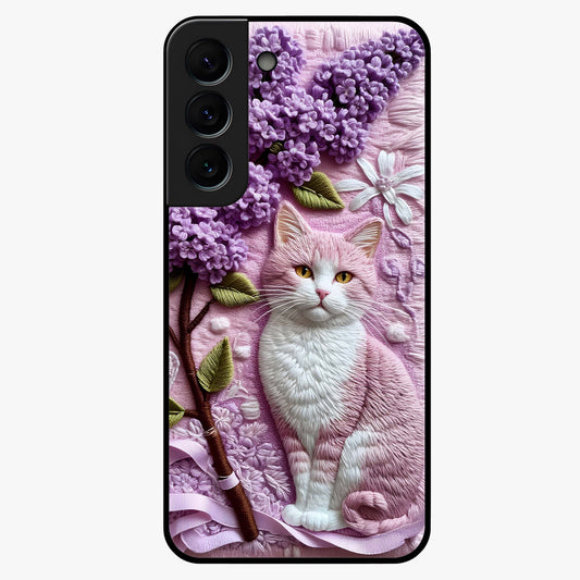 Lavender Cat Whimsy Glass Case showing flat back view with cute lavender cat artwork and glossy glass finish.