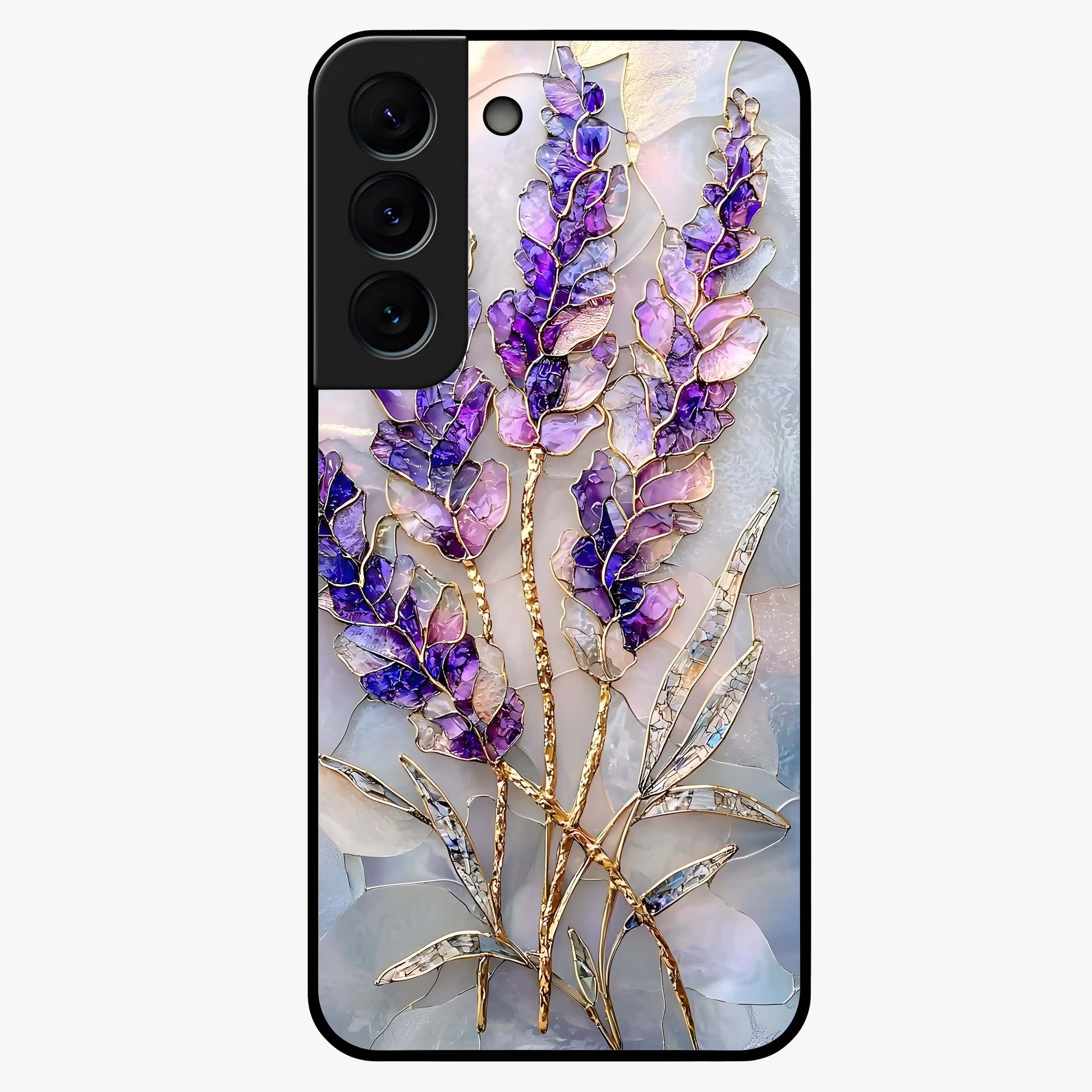 Lavender Dream Glow Glass Case showing flat back view with glowing lavender aesthetic artwork and glossy glass finish.