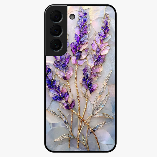 Lavender Dream Glow Glass Case showing flat back view with glowing lavender aesthetic artwork and glossy glass finish.