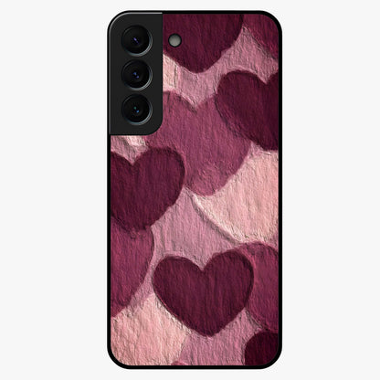Layered Paper Hearts Glass Case showing flat back view with layered paper heart artwork and glossy glass finish.