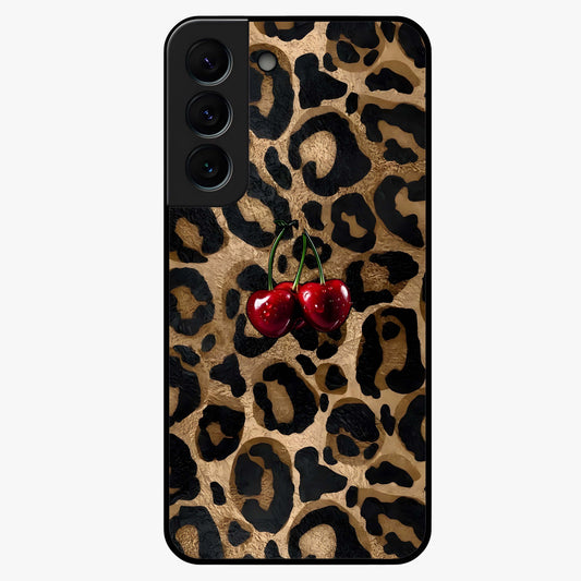 Leopard Wild Cherry Glass Case showing flat back view with leopard pattern and cherry artwork and glossy glass finish.
