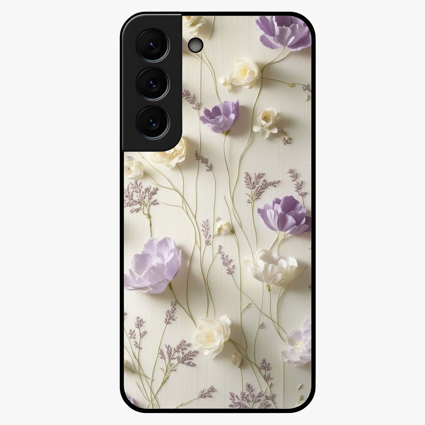 Lilac Breeze Harmony Glass Case showing flat back view with soft lilac themed artwork and glossy glass finish.