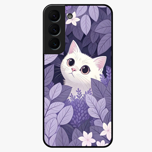 Lilac Hide Peek Cat Glass Case showing flat back view with cute peeking cat artwork and glossy glass finish.