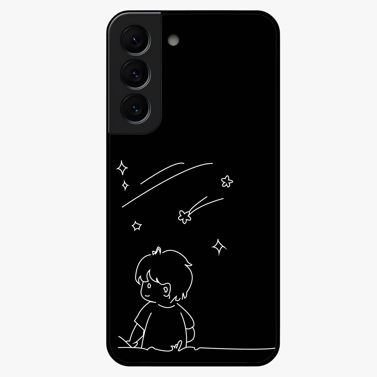 Line Art Boy With Shooting Stars Glass Case showing flat back view with minimal line art boy and shooting stars illustration and glossy glass finish.