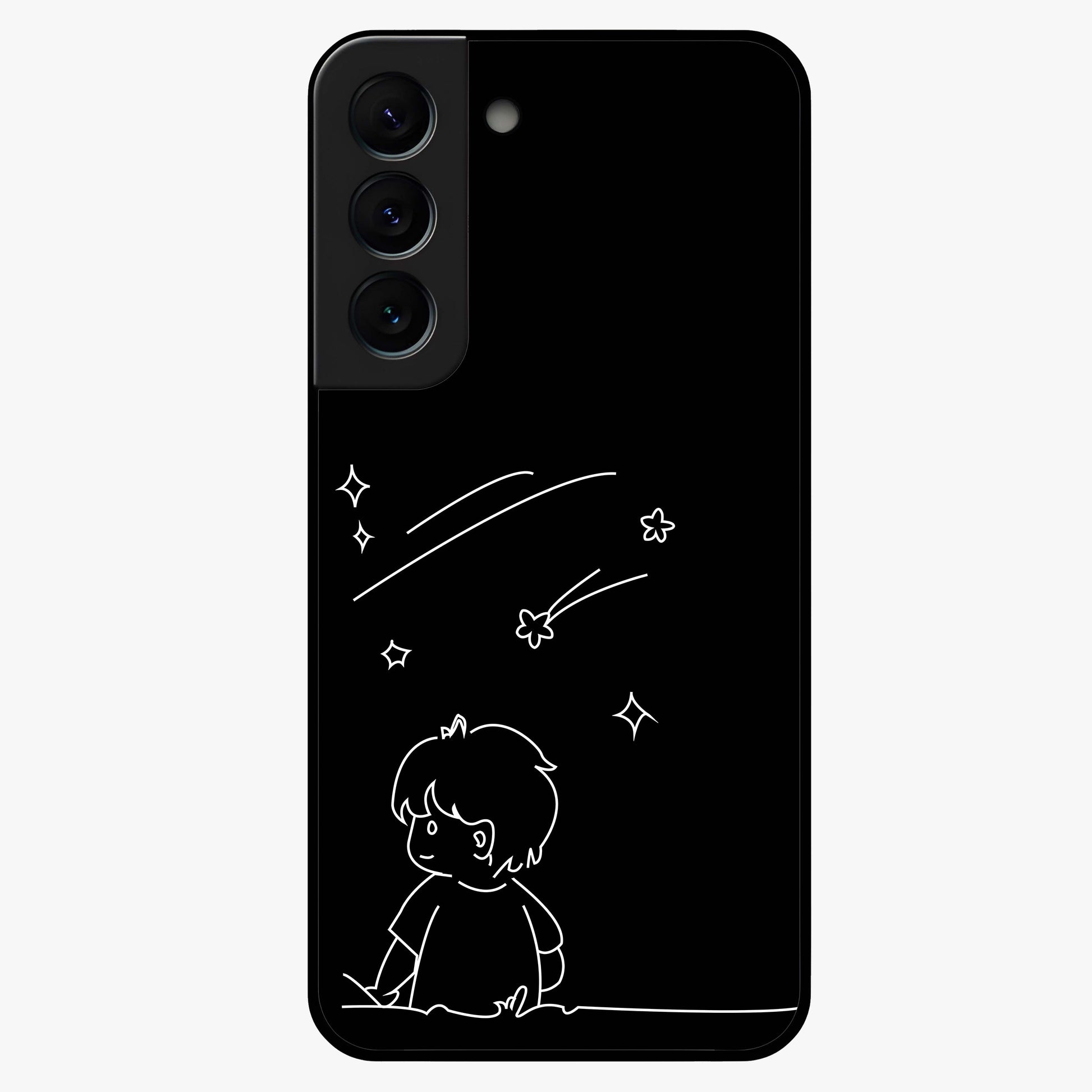 Line Art Boy With Shooting Stars Glass Case showing flat back view with minimal line art boy and shooting stars illustration and glossy glass finish.
