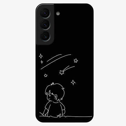 Line Art Boy With Shooting Stars Glass Case showing flat back view with minimal line art boy and shooting stars illustration and glossy glass finish.