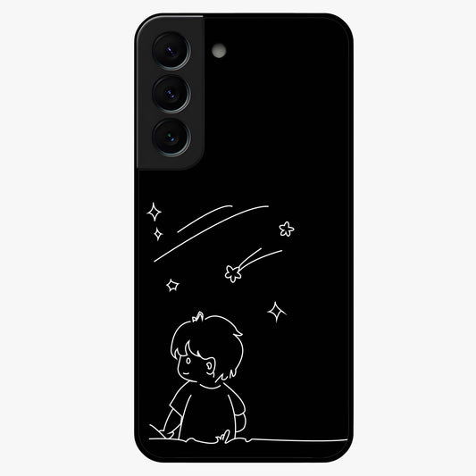 Line Art Boy With Shooting Stars Glass Case showing flat back view with minimal line art boy and shooting stars illustration and glossy glass finish.