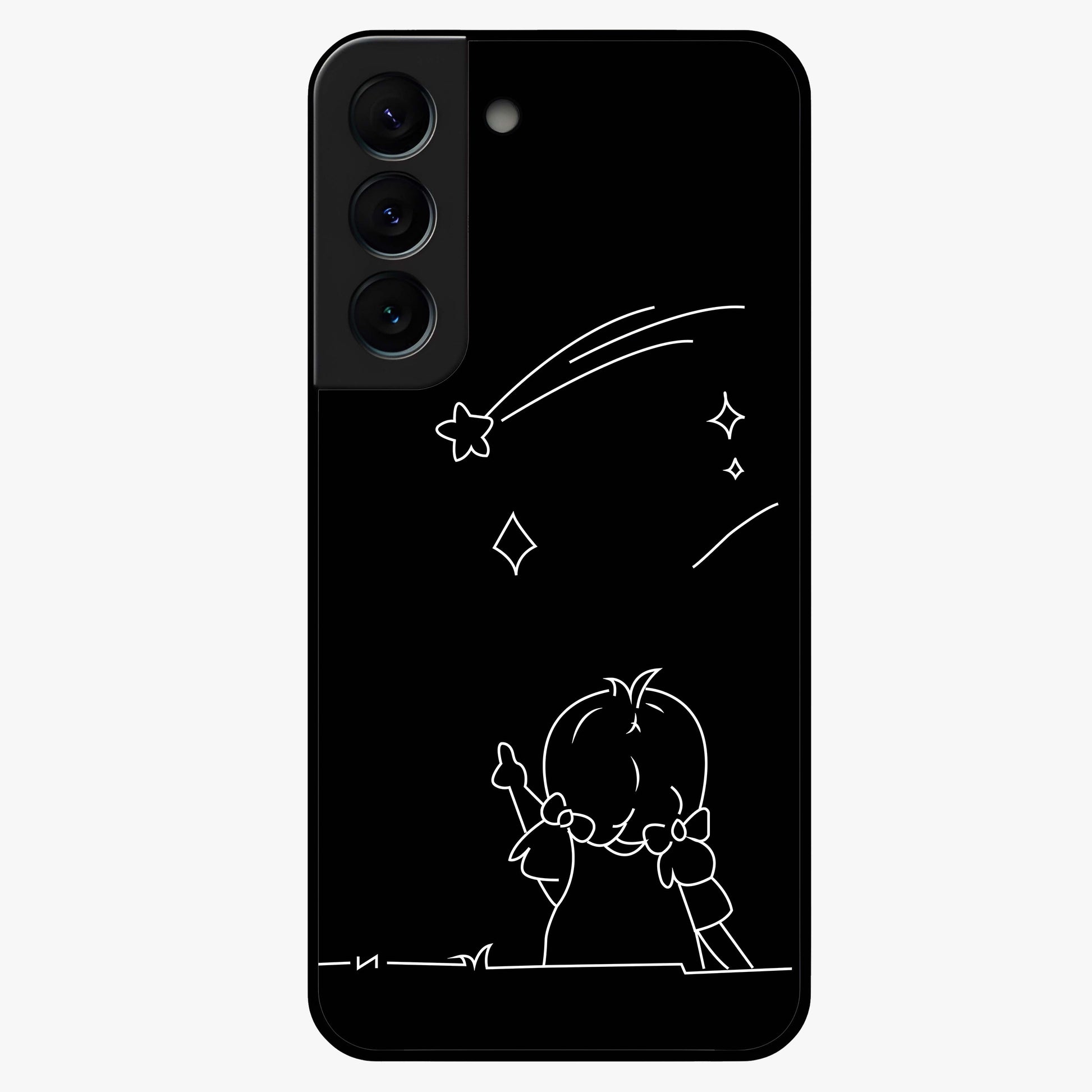 Line Art Girl With Shooting Stars Glass Case showing flat back view with minimal line art girl and shooting stars illustration and glossy glass finish.
