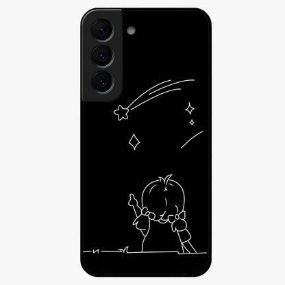 Line Art Girl With Shooting Stars Glass Case showing flat back view with minimal line art girl and shooting stars illustration and glossy glass finish.