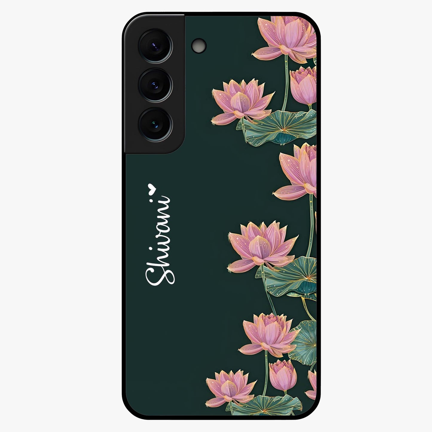 Lotus Bloom Serenity Custom Name Glass Case showing flat back view with elegant lotus flower artwork and personalized name design.