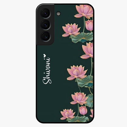 Lotus Bloom Serenity Custom Name Glass Case showing flat back view with elegant lotus flower artwork and personalized name design.