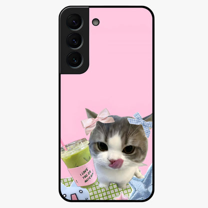 Love Matcha Cat Glass Case showing flat back view with cute cat and matcha themed artwork and glossy glass finish.