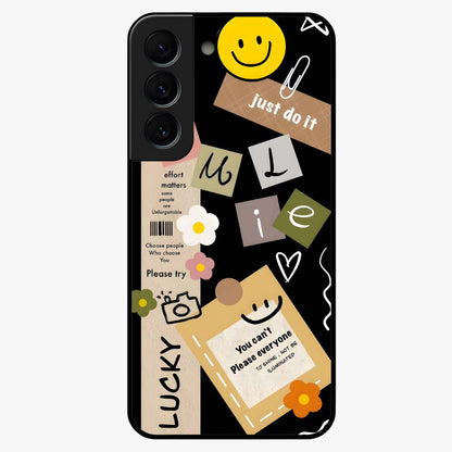Lucky Aesthetic Collage Glass Case showing flat back view with trendy aesthetic collage artwork and glossy glass finish.