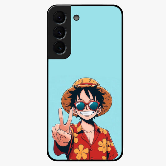 Luffy Summer Anime Vibe Glass Case showing flat back view with vibrant anime character artwork and glossy glass finish.