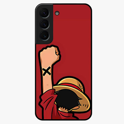 Luffy X Spirit Glass Case showing flat back view with bold anime character artwork and glossy glass finish.