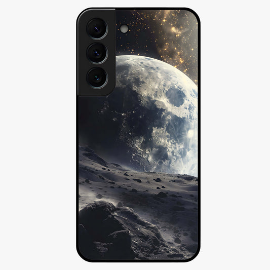 Lunar Horizon Glow Glass Case showing flat back view with glowing moon horizon artwork and glossy glass finish.