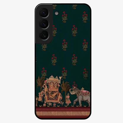 Macmerise Glass Case showing flat back view with stylish modern artwork and glossy glass finish.
