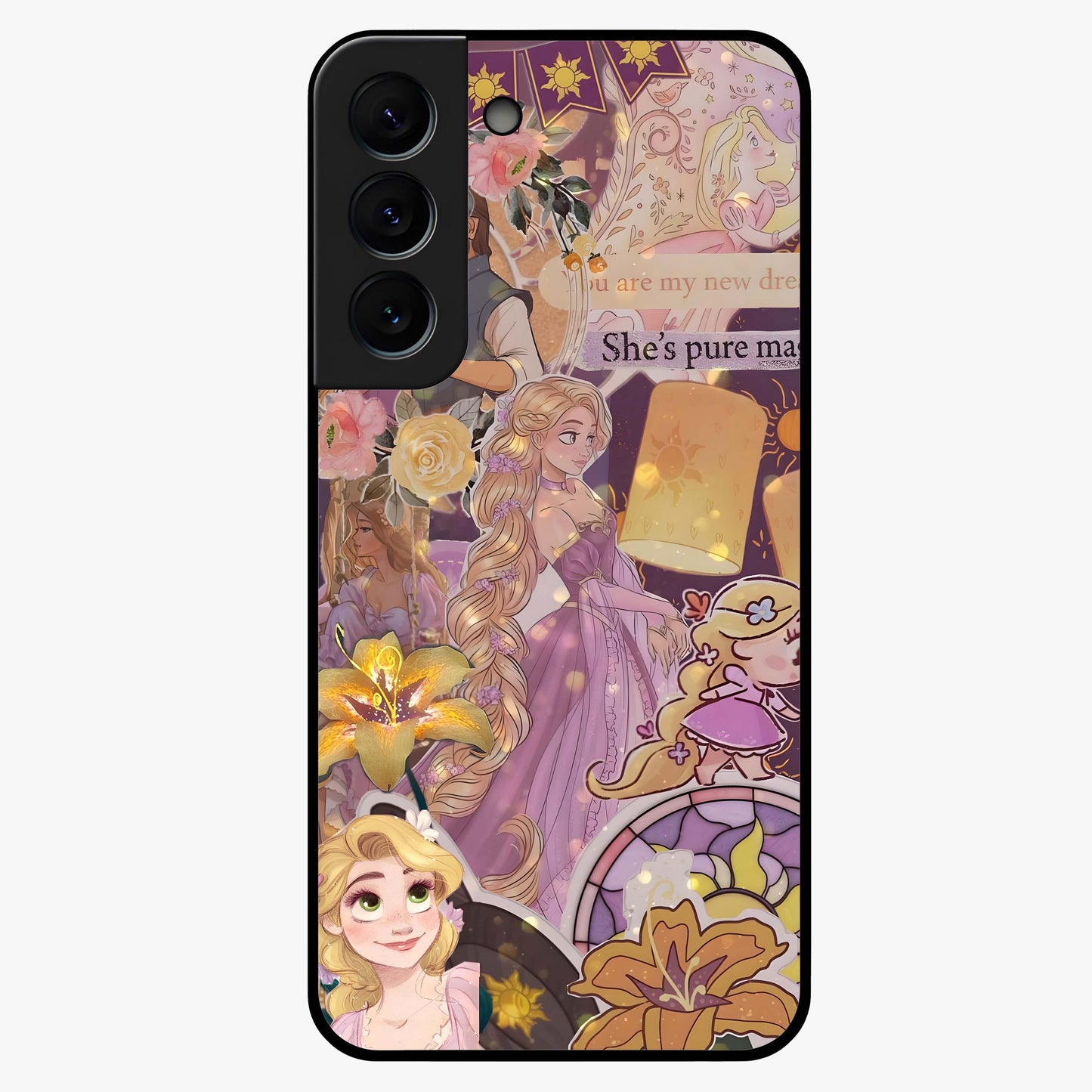 Magical Tangled Dream Glass Case showing flat back view with dreamy tangled artwork and glossy glass finish.