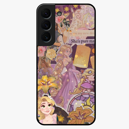 Magical Tangled Dream Glass Case showing flat back view with dreamy tangled artwork and glossy glass finish.