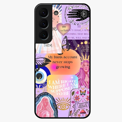 Manifestation Collage Glass Case showing flat back view with motivational collage artwork and glossy glass finish.