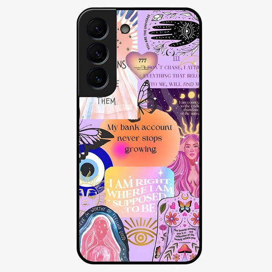 Manifestation Collage Glass Case showing flat back view with motivational collage artwork and glossy glass finish.