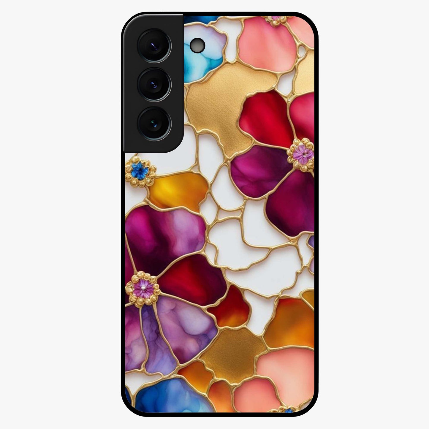 Marble Flower Pattern Glass Case showing flat back view with marble texture floral artwork and glossy glass finish.