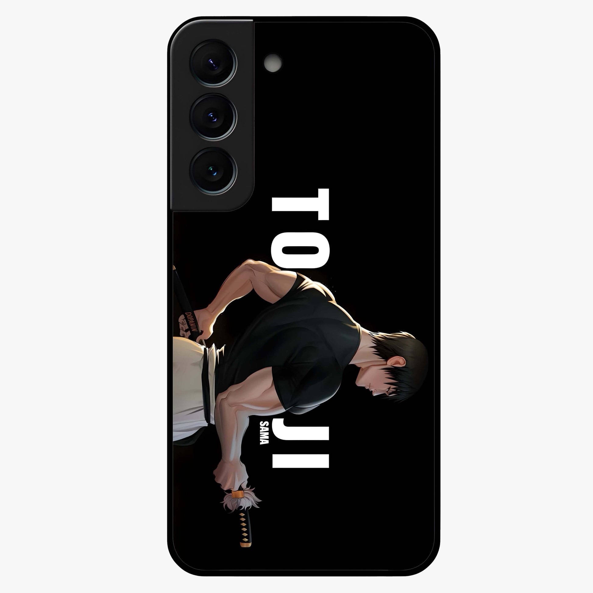 Midnight Blade Resolve Glass Case showing flat back view with dark warrior sword artwork and glossy glass finish.