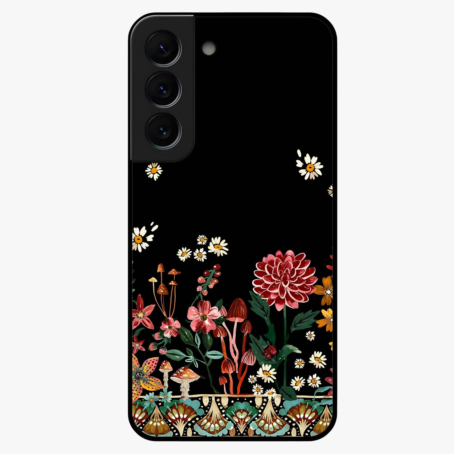Midnight Bloom Pattern Glass Case showing flat back view with dark floral pattern artwork and glossy glass finish.