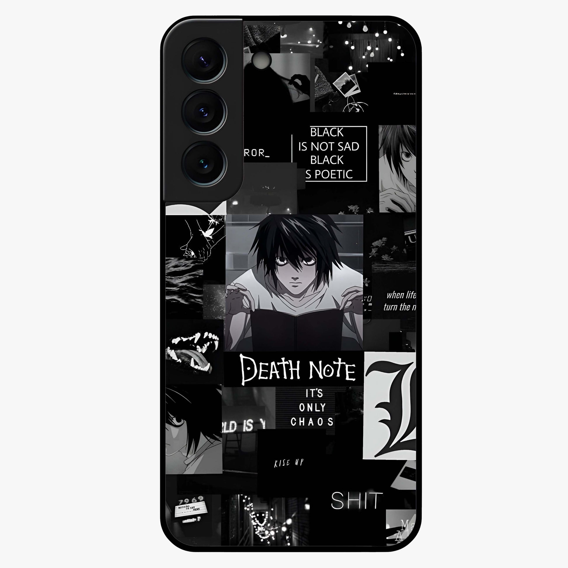 Midnight Chaos Mind Glass Case showing flat back view with abstract dark themed artwork and glossy glass finish.