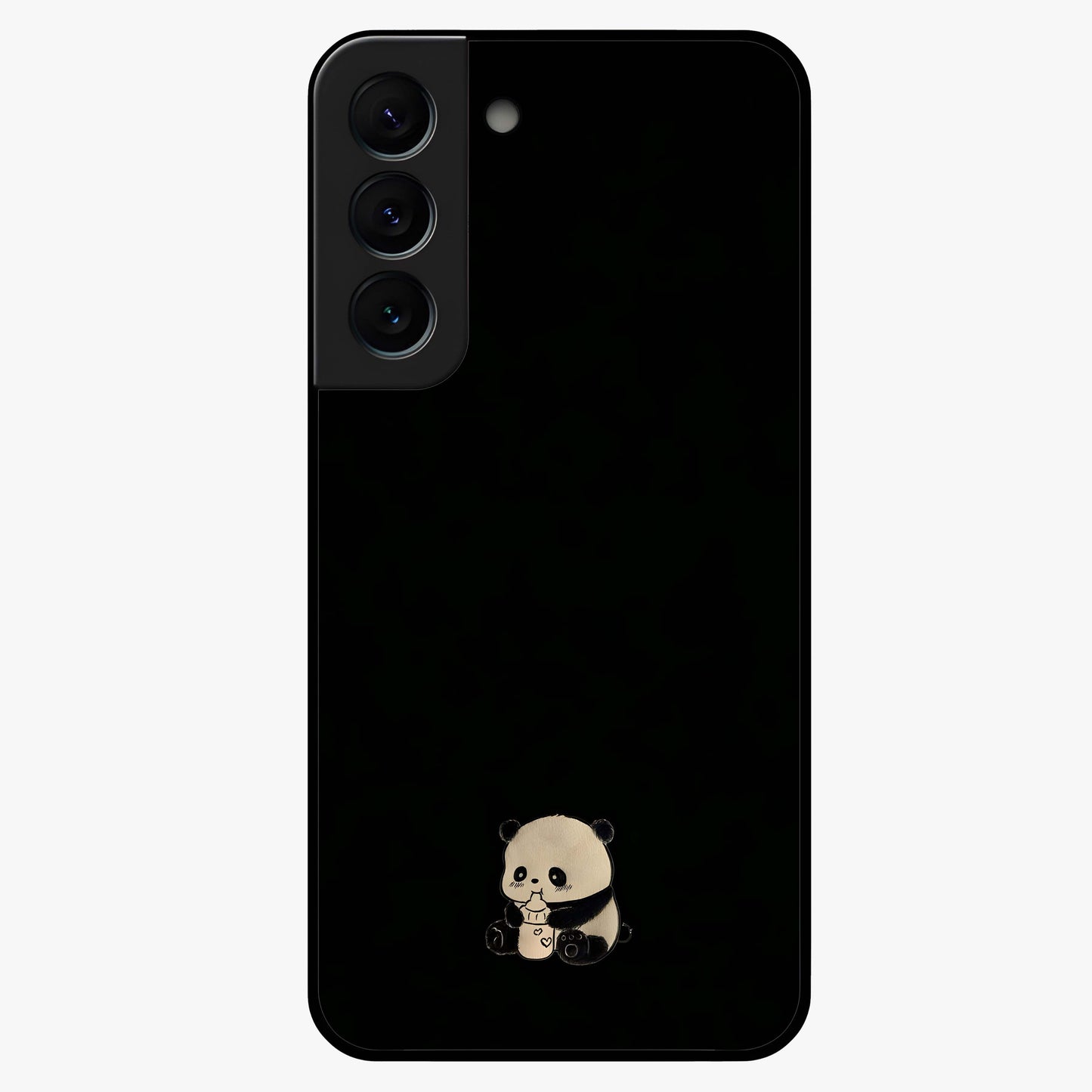 Midnight Panda Love Glass Case showing flat back view with cute panda themed artwork and glossy glass finish.