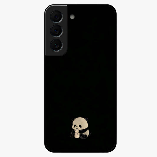 Midnight Panda Love Glass Case showing flat back view with cute panda themed artwork and glossy glass finish.