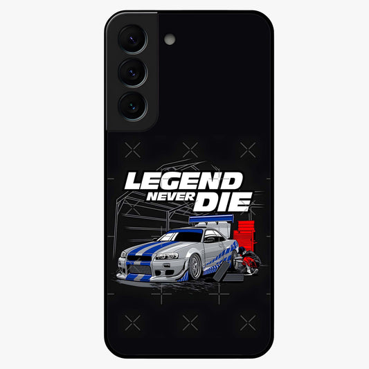 Midnight Racing Legacy Glass Case showing flat back view with sleek racing inspired artwork and glossy glass finish.