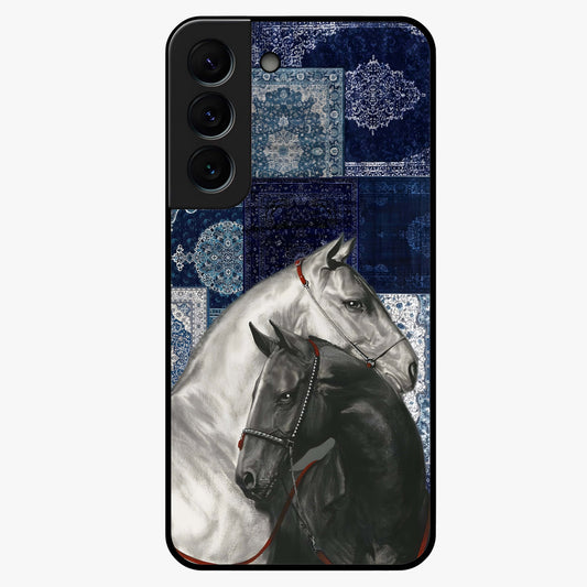 Midnight Stallion Blues Glass Case showing flat back view with majestic horse artwork and glossy glass finish.
